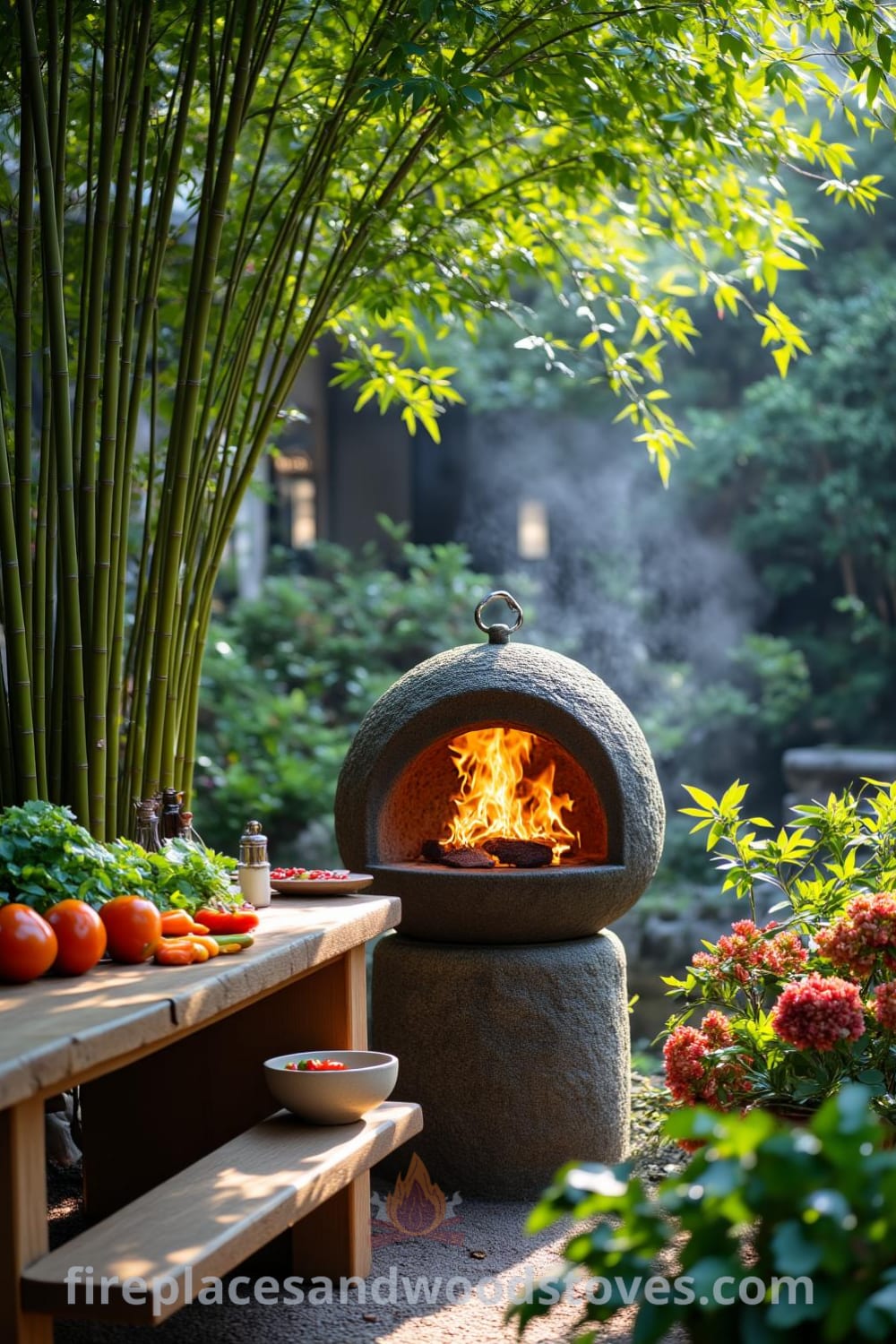 Japanese Zen outdoor barbecue integrated within a tranquil garden, featuring wooden frame, vibrant local vegetables on a rough-hewn table, and flickering flames from a stone hearth, creating cozy decor ideas for your home at fireplacesandwoodstoves.com.