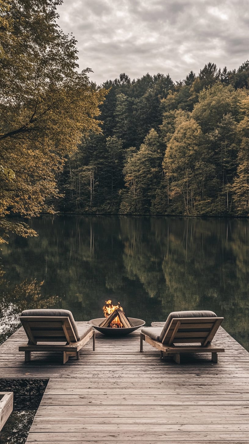 Two wooden deck chairs on a dock overlooking an autumn forest lake, with a fire pit in front, surrounded by trees on a cloudy day.