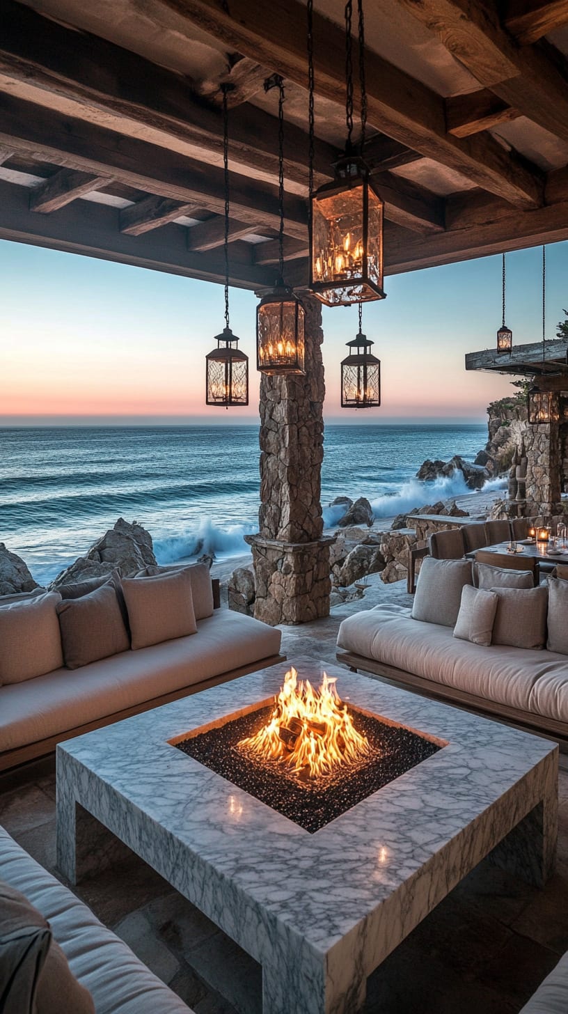 An outdoor living area showcasing a large marble fire pit surrounded by beige sofas, overlooking the ocean at sunset with hanging lanterns and rustic stone walls.