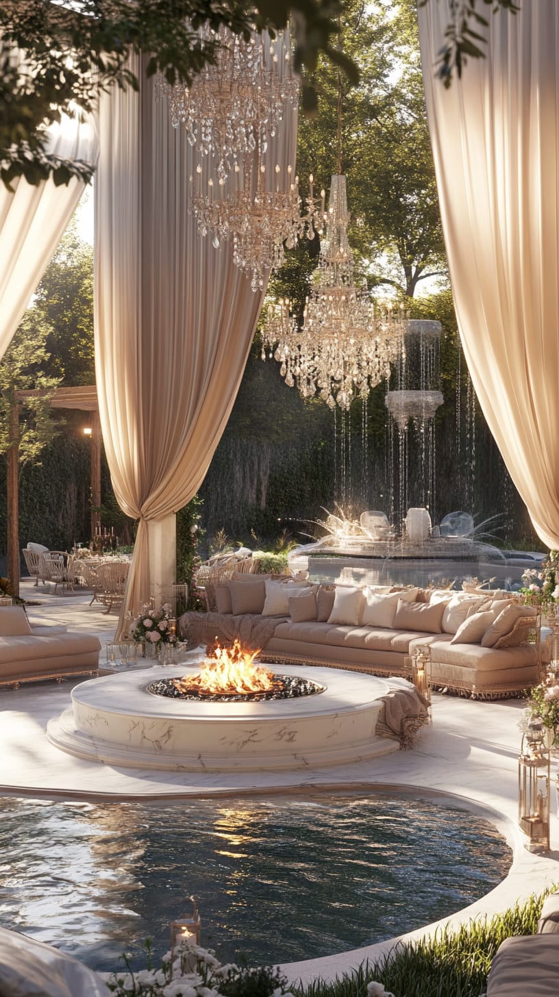 A luxurious outdoor wedding setting featuring an elegant pool, fire pit, plush seating, draped beige curtains, and crystal chandeliers under soft golden light.