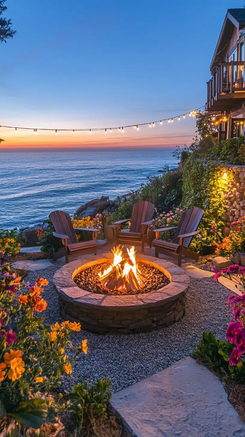 A cozy fire pit with comfortable chairs surrounded by colorful flowers and string lights, overlooking the ocean at sunset in a beautiful coastal setting.