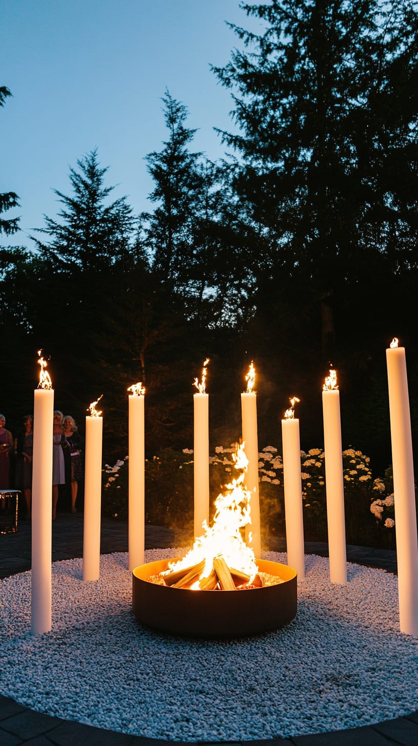 A minimalist fire pit surrounded by white candles, creating a romantic atmosphere for a wedding ceremony at night, set in a beautiful outdoor garden with tall trees.