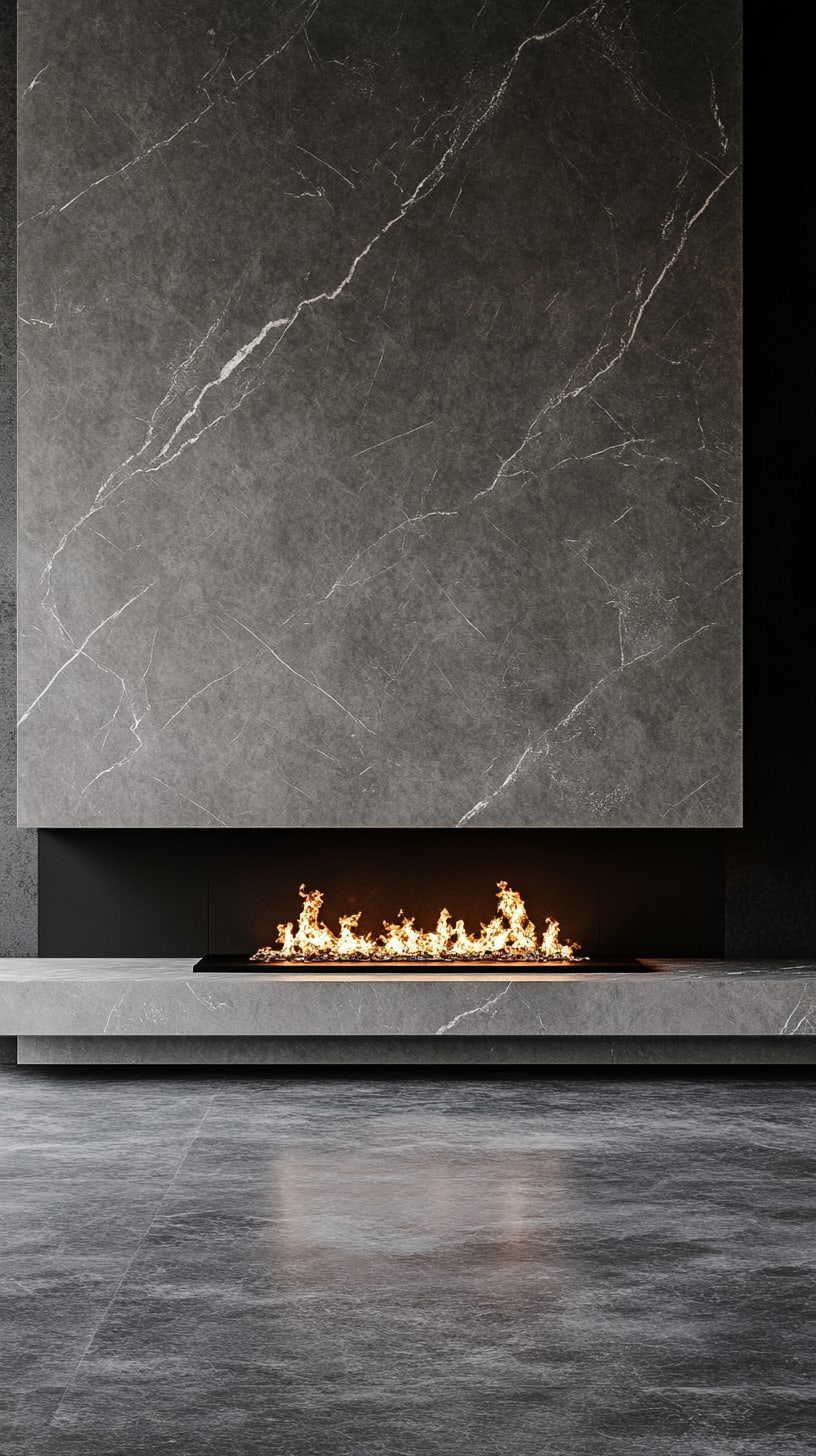 A modern fireplace with a gray marble wall and flames, creating a cozy and minimalist interior atmosphere.