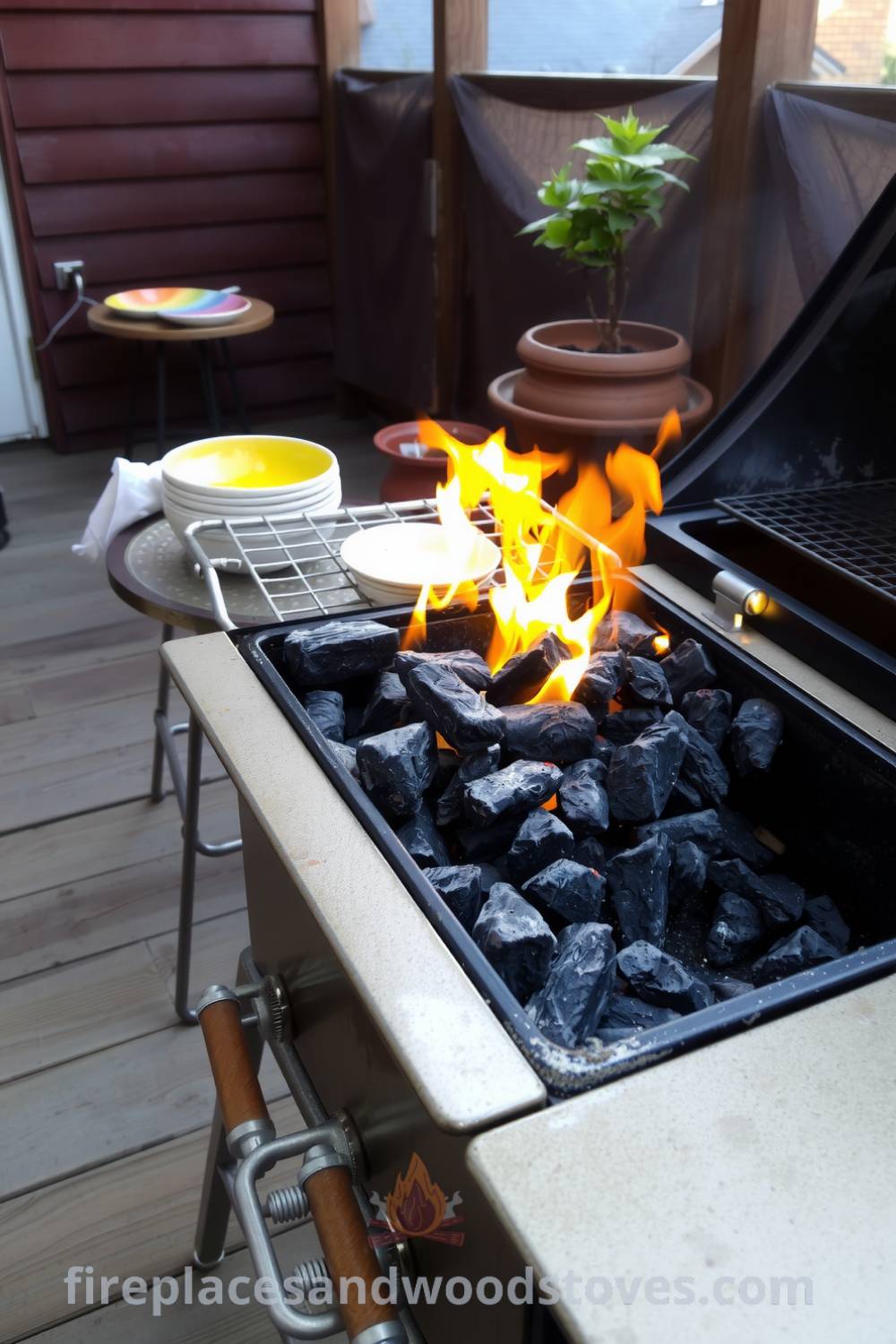 Charcoal barbecue on a wooden deck with a worn metallic surface, burning coals inside, complemented by a small table set with colorful dishes and terracotta plants basking in the fading sunlight, creating a cozy outdoor scene that inspires ideas for your home at fireplacesandwoodstoves.com.