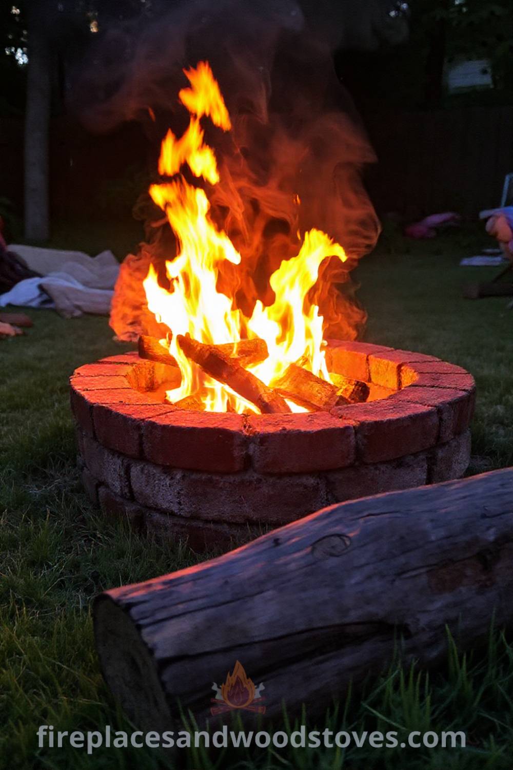 Cozy backyard campfire setting with gathered friends, weathered brick fire pit, and rustic log seating, creating a warm atmosphere for storytelling and laughter. Visit patioandhomefurniture.com for stylish ideas that will wow your guests and transform your outdoor space.