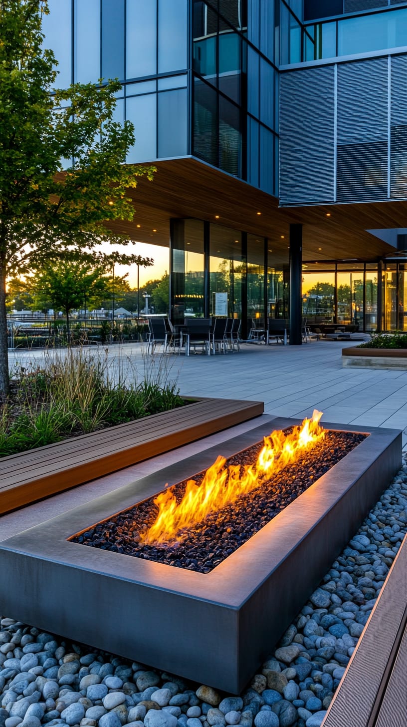 A modern fire pit surrounded by pebbles and wooden benches in an outdoor courtyard, featuring greenery and an office building in the background.
