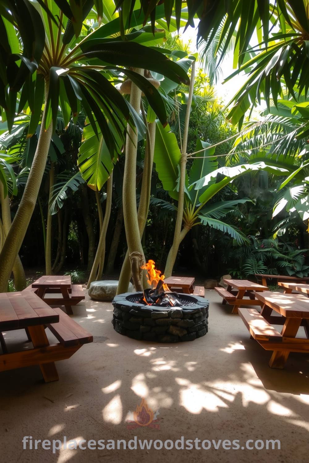 Rustic barbecue area under a lush jungle canopy featuring natural wood tables and benches, a stone fire pit with crackling flames, surrounded by vibrant tropical foliage and the inviting aroma of grilled meats and fruits, providing cozy home decor ideas at fireplacesandwoodstoves.com.