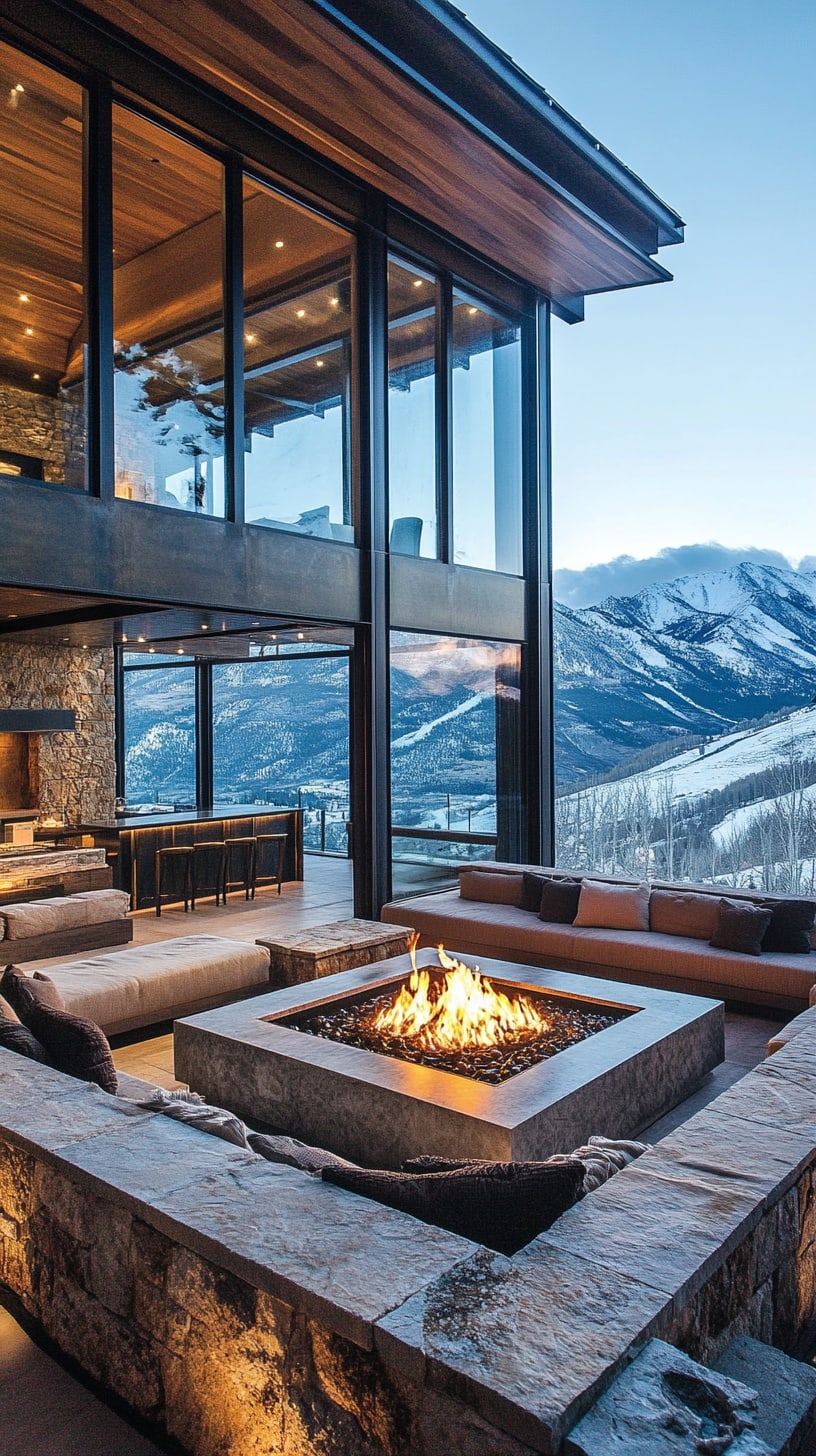 A luxurious mountain cabin with large windows, a stone fire pit, and cozy seating, overlooking a snowy mountain range.