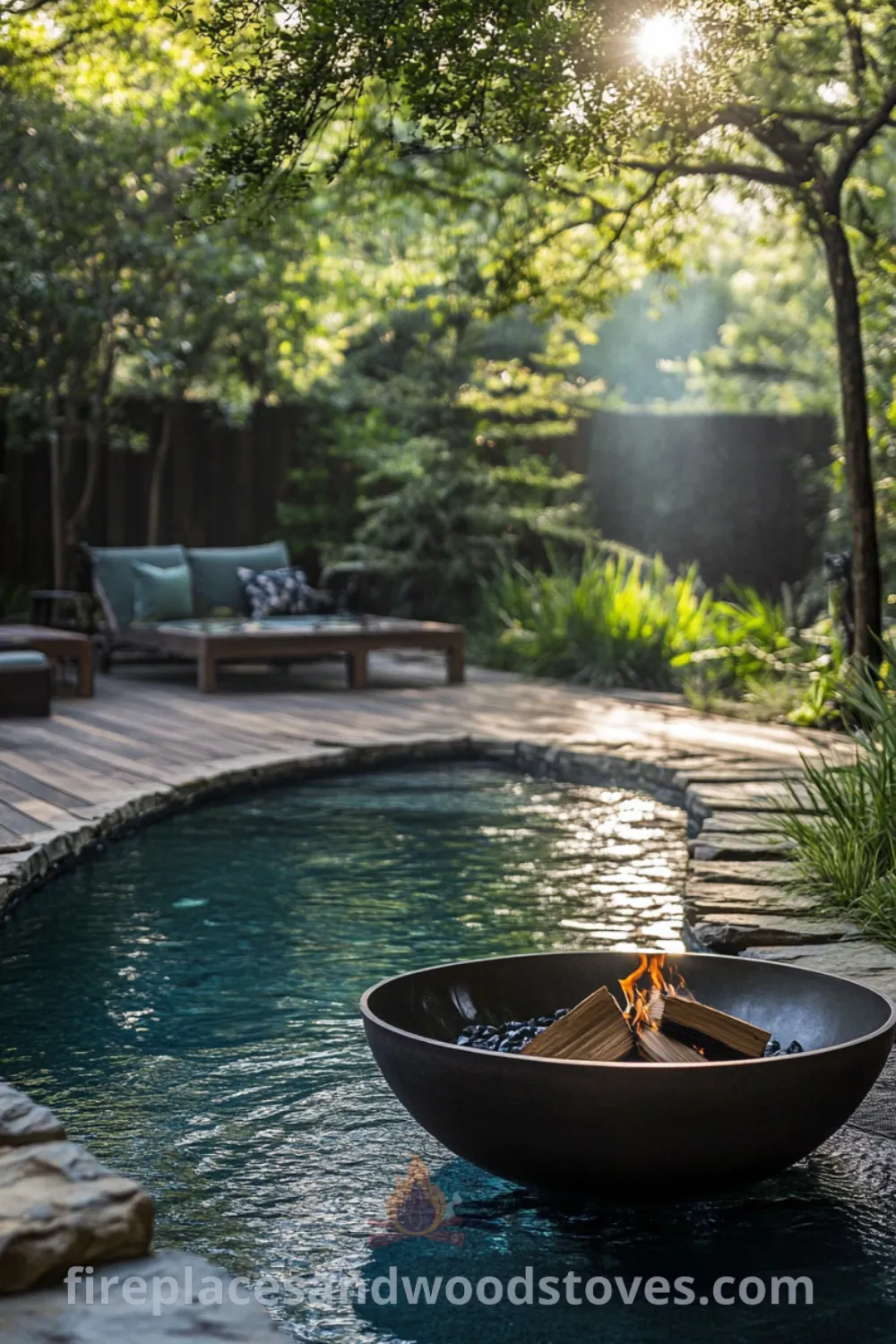Backyard pool ideas featuring an inground pool, hot tub, and fire pit area designed for cozy gatherings at fireplacesandwoodstoves.com, including pool landscaping and inviting patio design ideas for outdoor relaxation.
