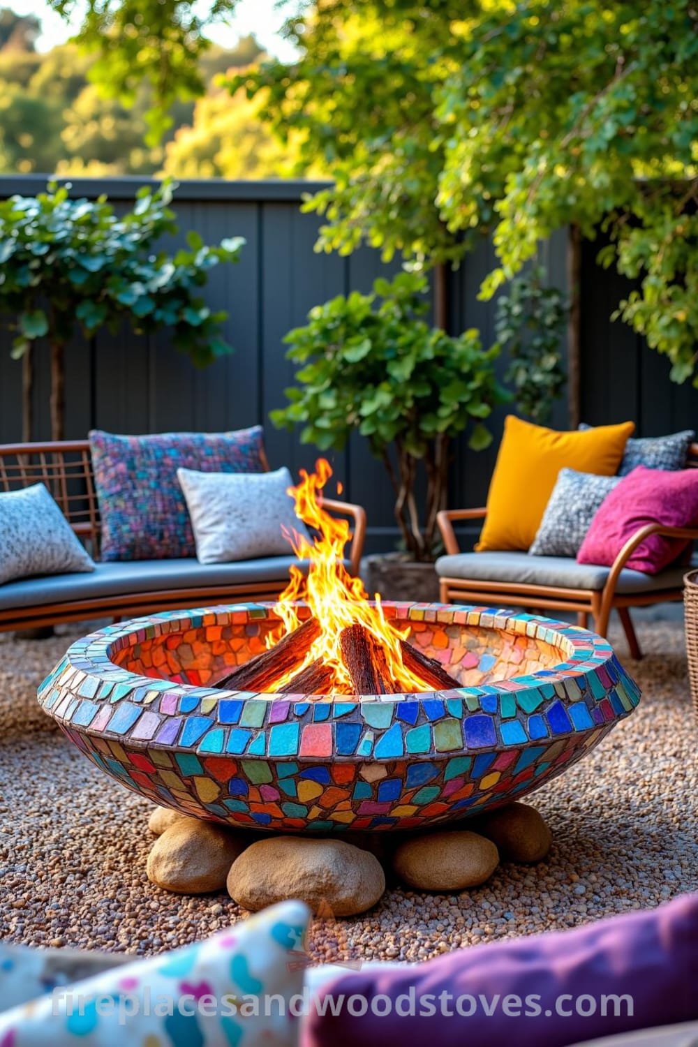 Bohemian Mosaic Firepit on a gravel patio surrounded by eclectic outdoor furniture and vibrant tiles, featuring warm dancing flames and inviting mismatched cushions, ideal for cozy gatherings under the stars. For more cozy ideas, visit fireplacesandwoodstoves.com.