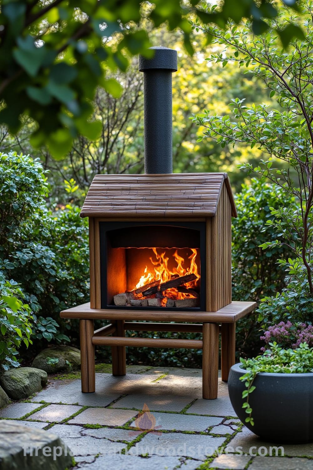 Cozy outdoor barbecue with bamboo accents in a lush green setting, featuring a rustic wooden frame, stone paths, and flickering wood-fired flames, perfect for serene gatherings and reflection, inspiring ideas for your home with unique decor inspirations. Visit fireplacesandwoodstoves.com.