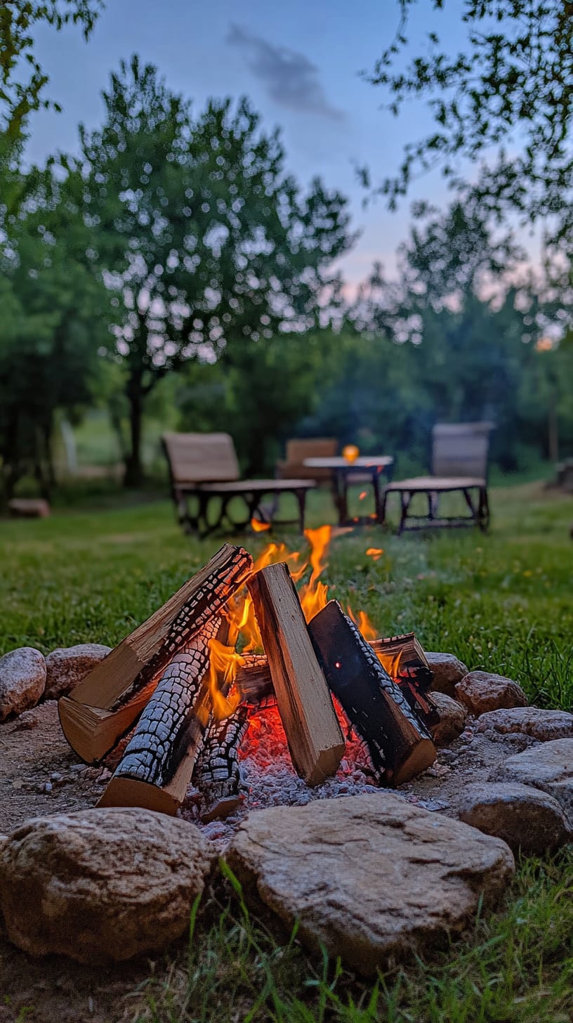 A backyard campfire surrounded by rustic stones and chairs, with a warm glow from the flames illuminating the grassy area and trees under a twilight sky.