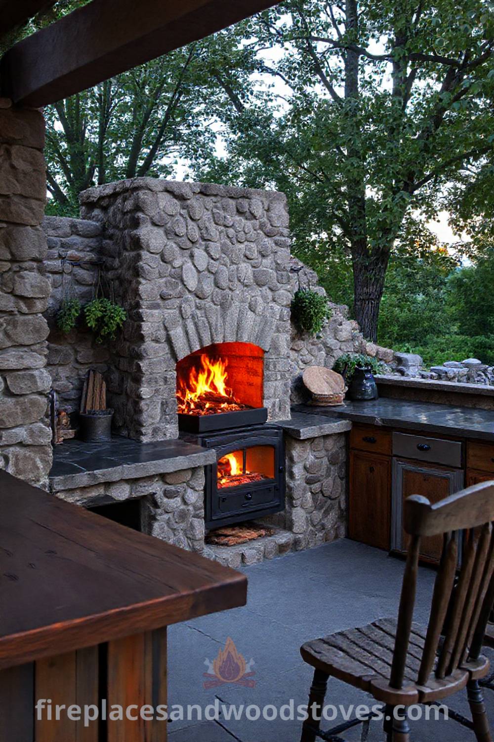 Outdoor kitchen featuring a cozy wood-burning fireplace, rustic wooden countertop, and hanging herbs, surrounded by leafy trees creating a warm and inviting atmosphere perfect for gatherings. Visit patioandhomefurniture.com for stylish designs transforming your backyard into a cozy retreat.