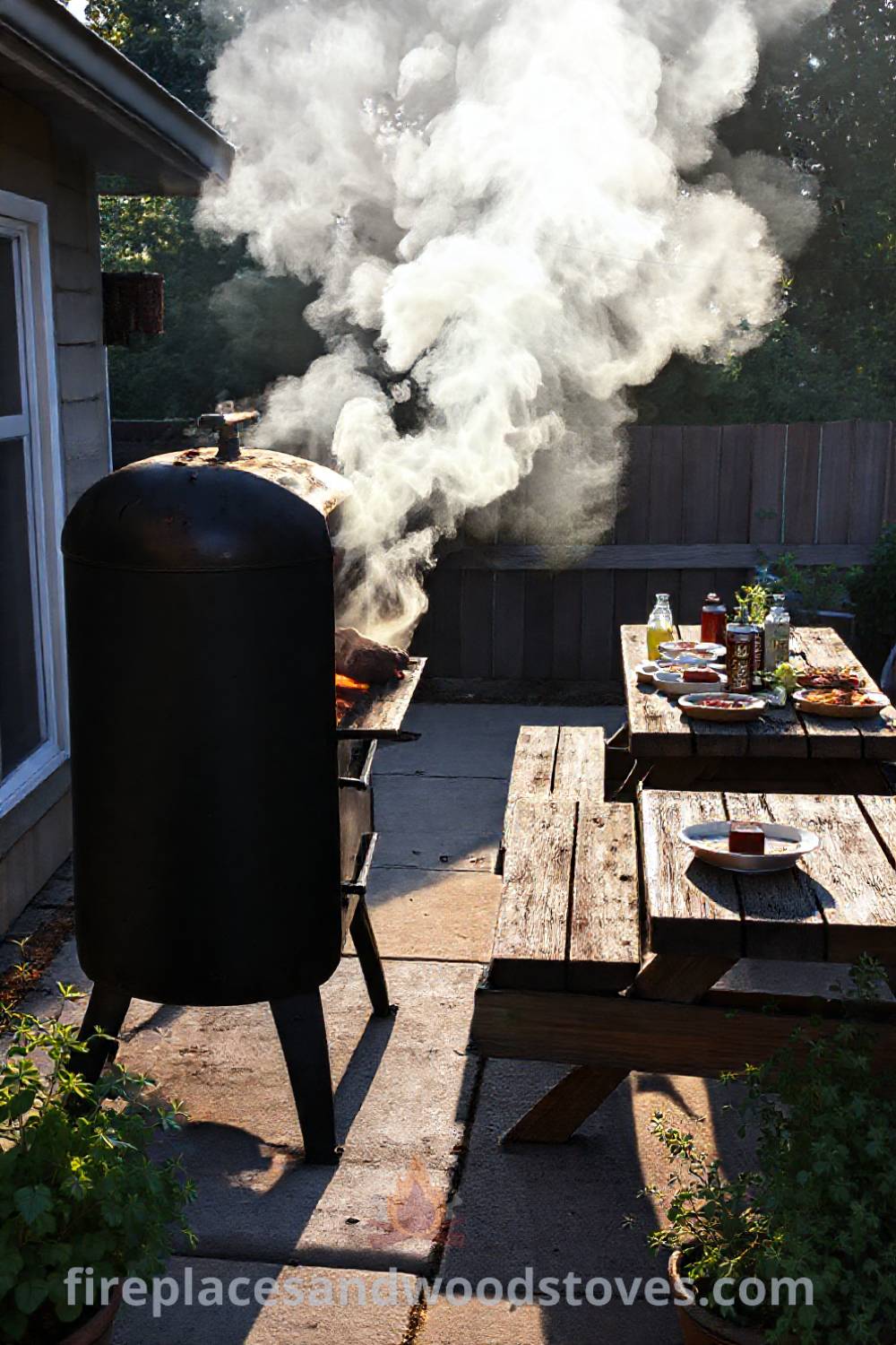Heavy steel barbecue smoker on a concrete patio with smoke rising from the meat, surrounded by a weathered picnic table with condiments, potted herbs, and a warm inviting atmosphere, showcasing ideas for transforming your backyard into a cozy outdoor retreat. Visit patioandhomefurniture.com for stylish designs that will wow your guests.