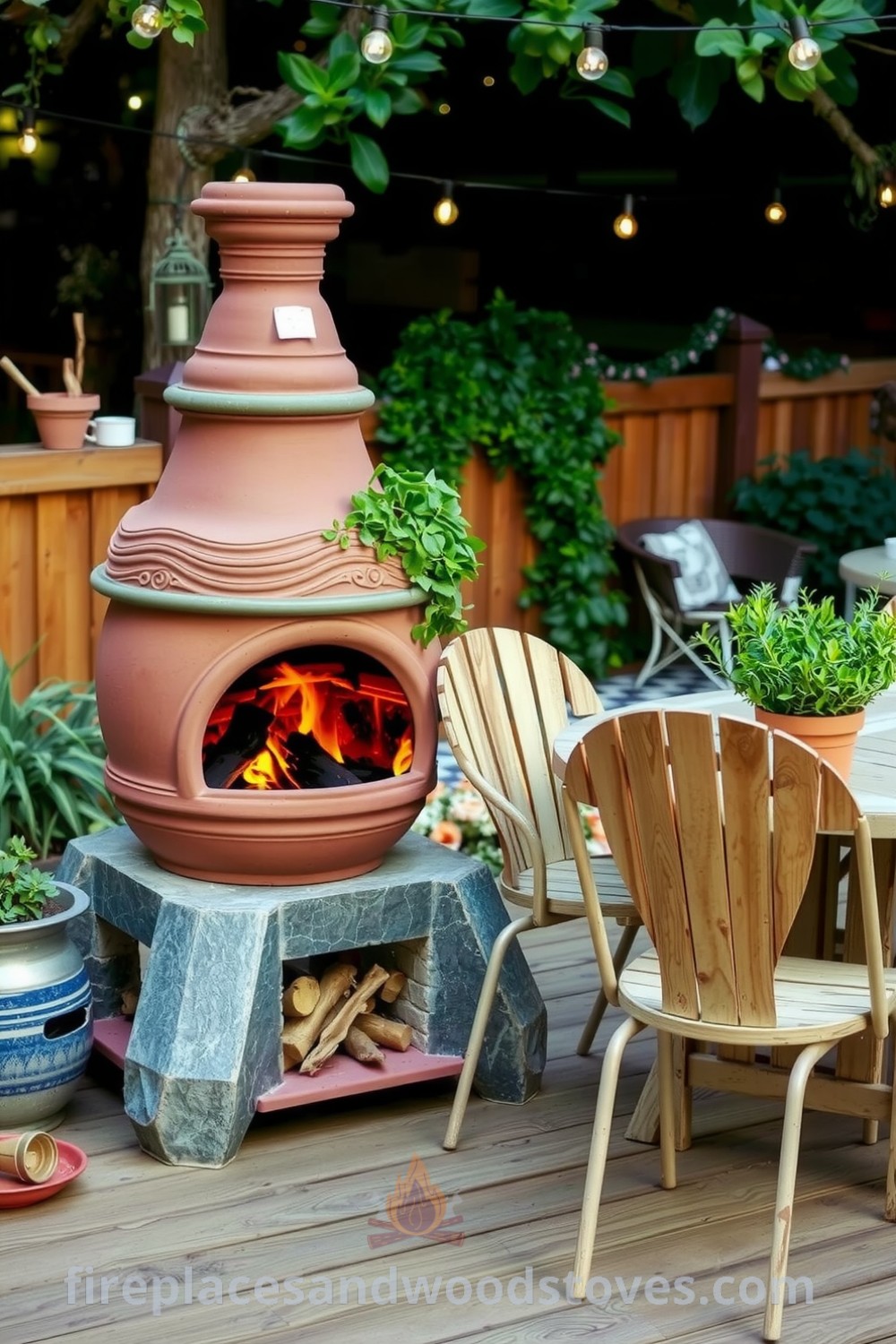 Bohemian clay outdoor barbecue on a wooden deck, surrounded by vibrant herb pots and a picnic table with mismatched chairs, creating a cozy gathering area perfect for family and friends. Discover unique ideas for your home at fireplacesandwoodstoves.com.