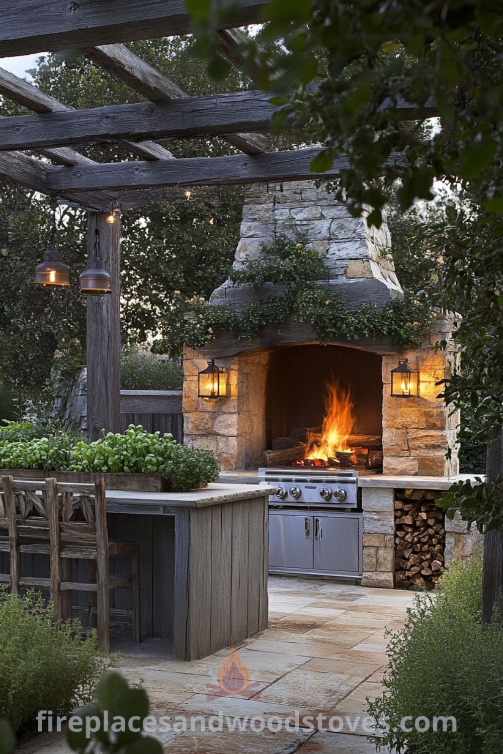 A cozy outdoor kitchen with wood-burning fireplace on fireplacesandwoodstoves.com, showcasing rustic wooden counters, fresh herbs, and unique ideas for outdoor dining experiences.