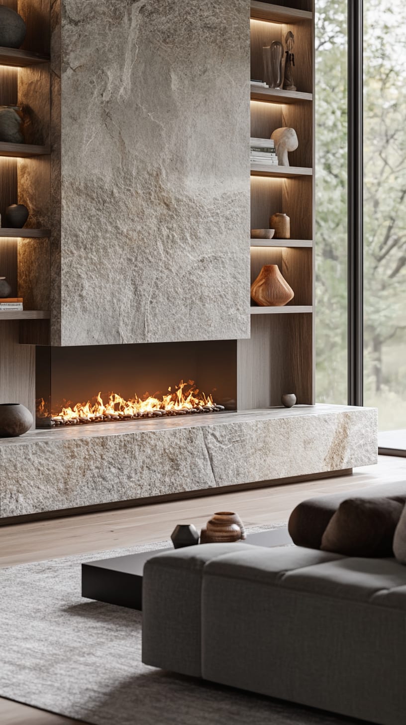 A modern fireplace with a stone wall, minimalist furniture, and large windows offering a view of nature, creating a cozy living room atmosphere.