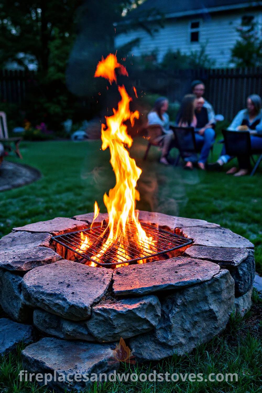 Stone charcoal fire pit surrounded by friends in a vibrant backyard setting, showcasing flickering flames and a cozy atmosphere ideal for gatherings. Visit patioandhomefurniture.com for incredible ideas transforming your backyard into a stylish and inviting space.