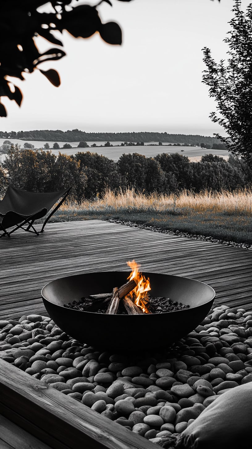 A black steel fire bowl on a pebble surface, surrounded by a wooden deck and a view of fields and trees in a Scandinavian landscape.