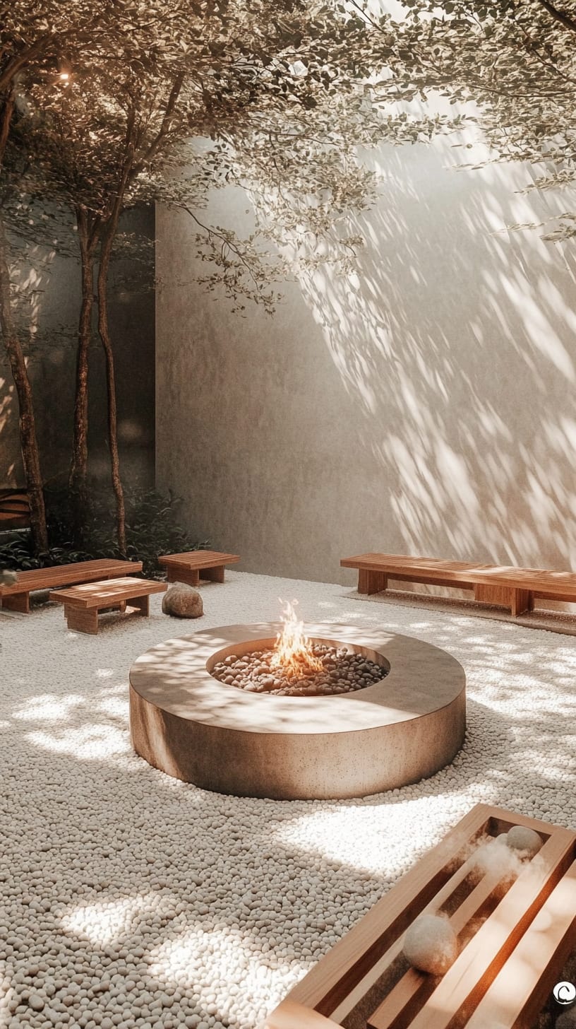 A minimalist garden with a round fire pit surrounded by white pebbles, wooden seating, and trees, illuminated by dappled sunlight.
