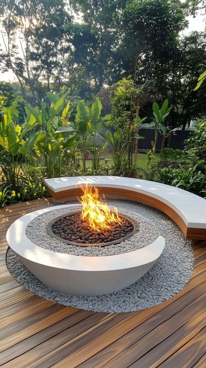 A modern fire pit surrounded by greenery and a curved bench on a wooden deck, creating a cozy atmosphere in a tropical garden.