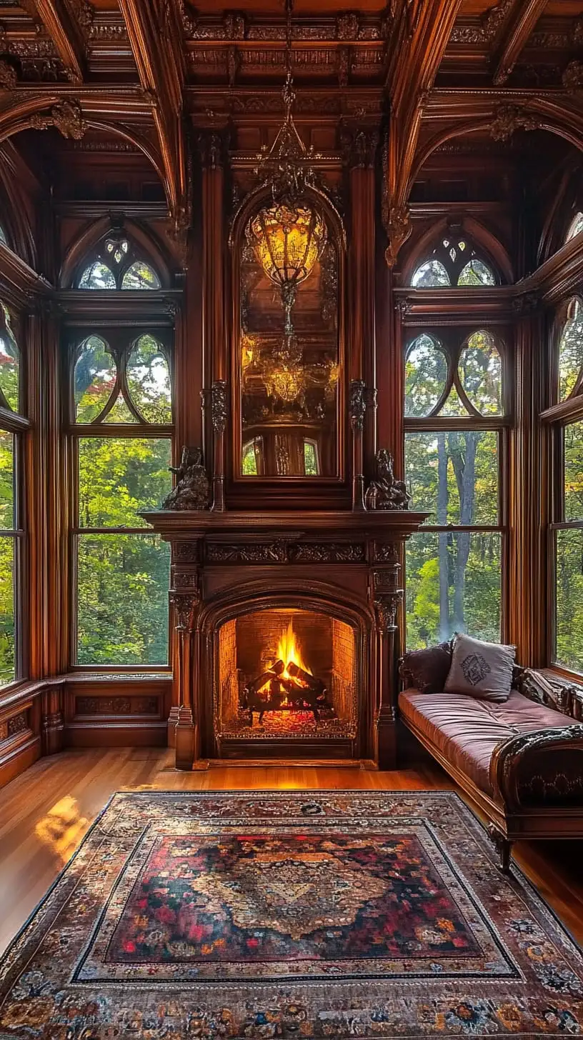 A gothic fireplace in a Victorian mansion with intricate woodwork, large windows overlooking a forest, and a cozy atmosphere with rich colors and warm light.