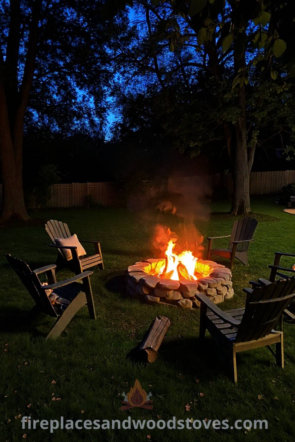 Stone fire pit in a grassy backyard glowing warmly at night, surrounded by mismatched chairs, creating a cozy atmosphere for gatherings, with flames casting shadows on trees. Visit patioandhomefurniture.com for stylish outdoor design ideas that will wow your guests.