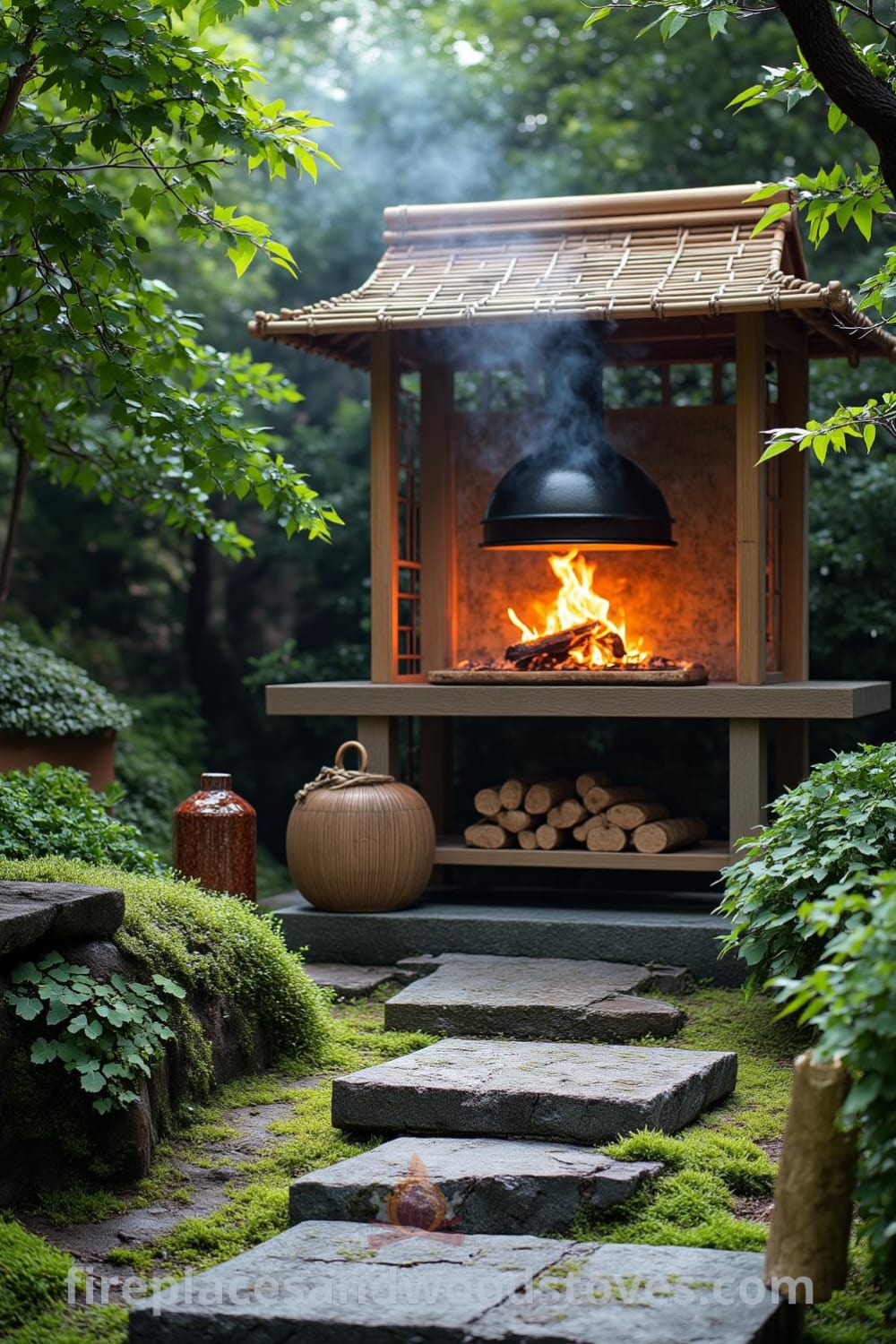 Cozy outdoor barbecue set in a lush Japanese Zen garden with bamboo accents, wood-fired flames, and stepping stones among delicate ferns and moss, offering inspiring ideas for your home decor at fireplacesandwoodstoves.com.
