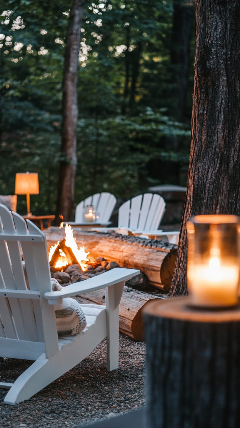 A cozy outdoor setting with white Adirondack chairs around a fire pit, surrounded by tall trees and soft candlelight, creating a warm atmosphere for gatherings.