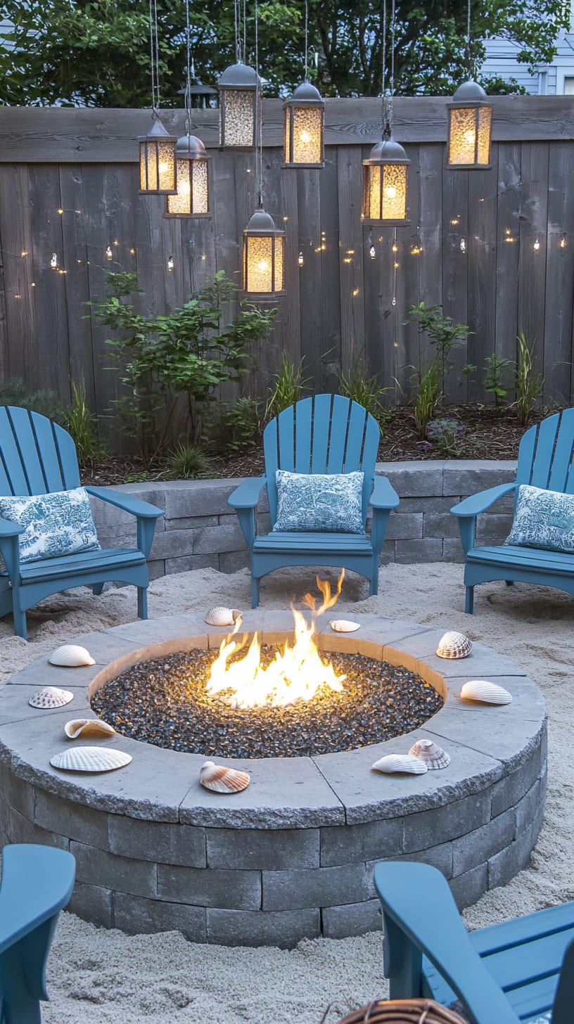 A cozy backyard fire pit surrounded by blue Adirondack chairs, seashells scattered around, and hanging lanterns above, set in a charming outdoor space.