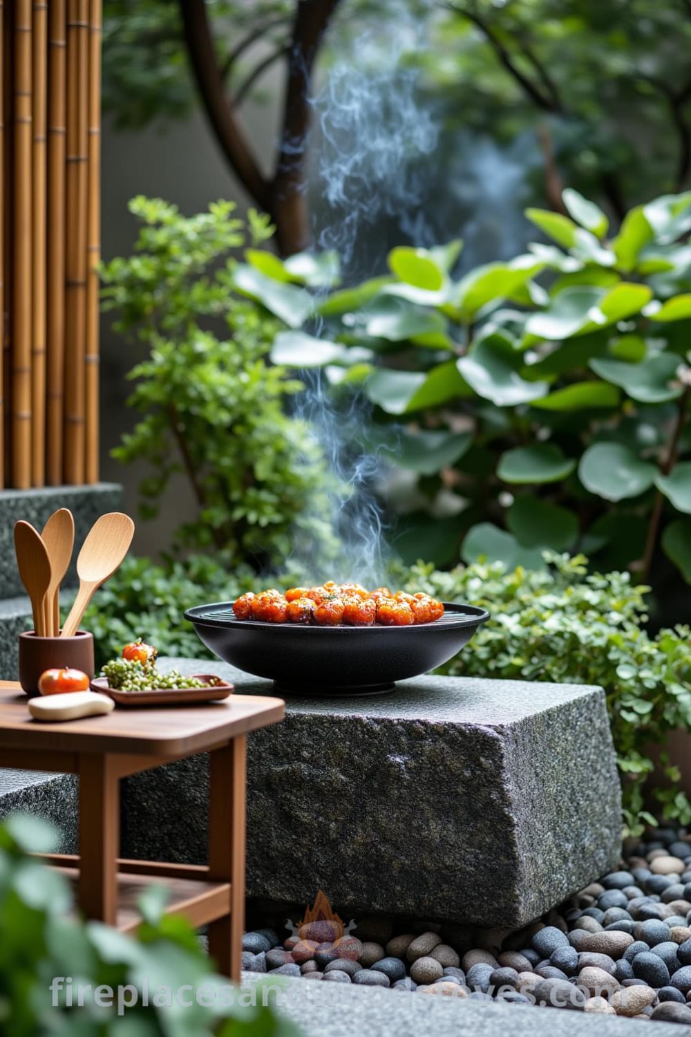 Zen outdoor barbecue in a serene garden setting featuring bamboo accents, warm wood-fired flames, and a textured stone platform surrounded by lush greenery and smooth pebbles, complemented by a small wooden table with rustic utensils and fresh ingredients for an inspiring decor idea. Visit fireplacesandwoodstoves.com for more unique ideas.