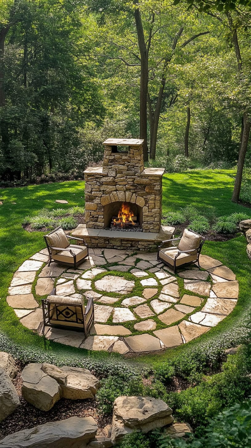 An outdoor fireplace surrounded by lush greenery, featuring a circular stone patio and comfortable seating, set in a serene backyard environment.