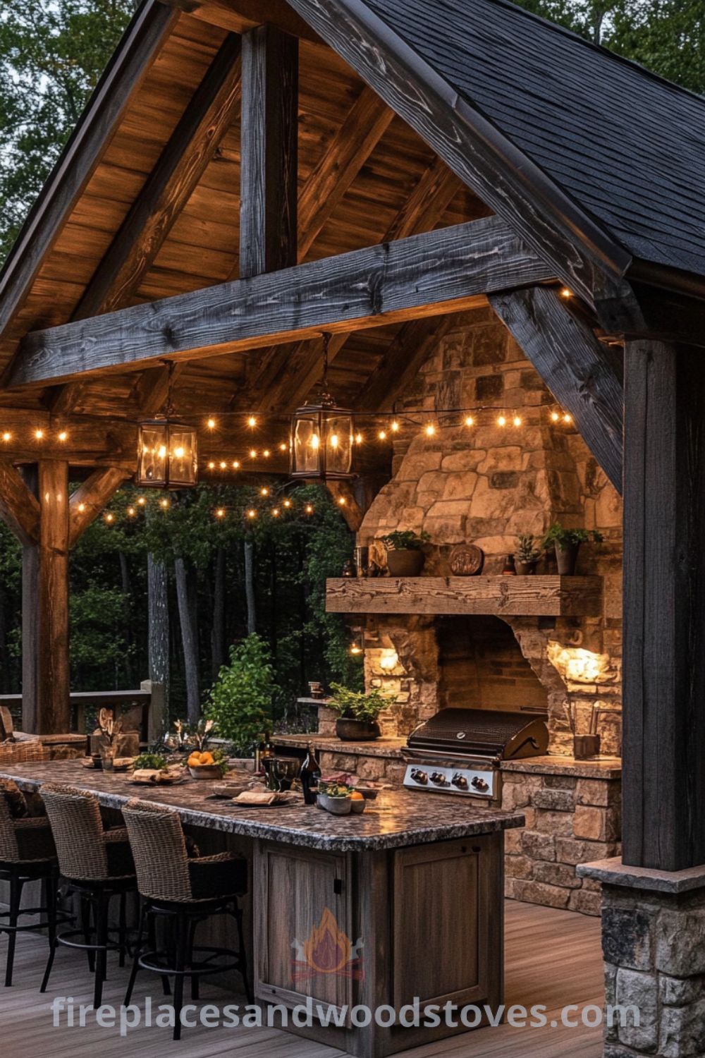 Charming outdoor kitchen with a grilling area on fireplacesandwoodstoves.com, showcasing rustic kitchen features, cozy decor ideas, and inspiring outdoor dining arrangements.