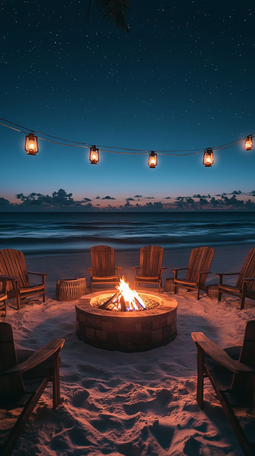 A beach bonfire scene featuring wooden chairs arranged in a semi-circle around a fire, with a starry night sky and ocean waves in the background, creating a cozy and inviting atmosphere.