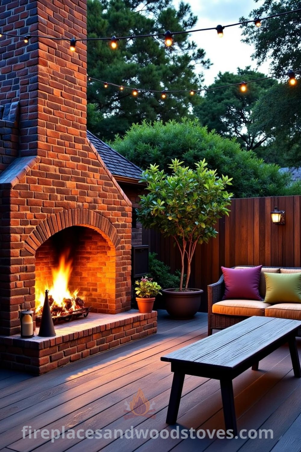 Tudor brick fireplace in a charming backyard, surrounded by weathered wooden patio, potted plants, and scattered cushions, creating a cozy atmosphere for gatherings and evening conversations. For more cozy ideas, visit fireplacesandwoodstoves.com.