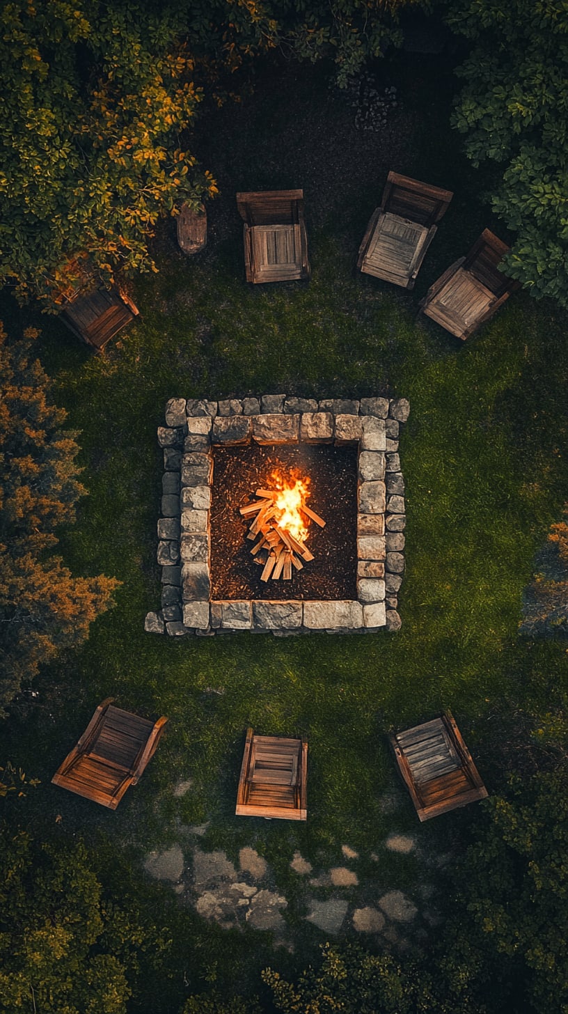 A serene outdoor fire pit surrounded by wooden chairs, nestled in lush greenery, creating a cozy atmosphere for social gatherings.