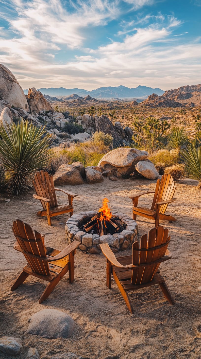 A cozy campfire scene with wooden chairs arranged in an