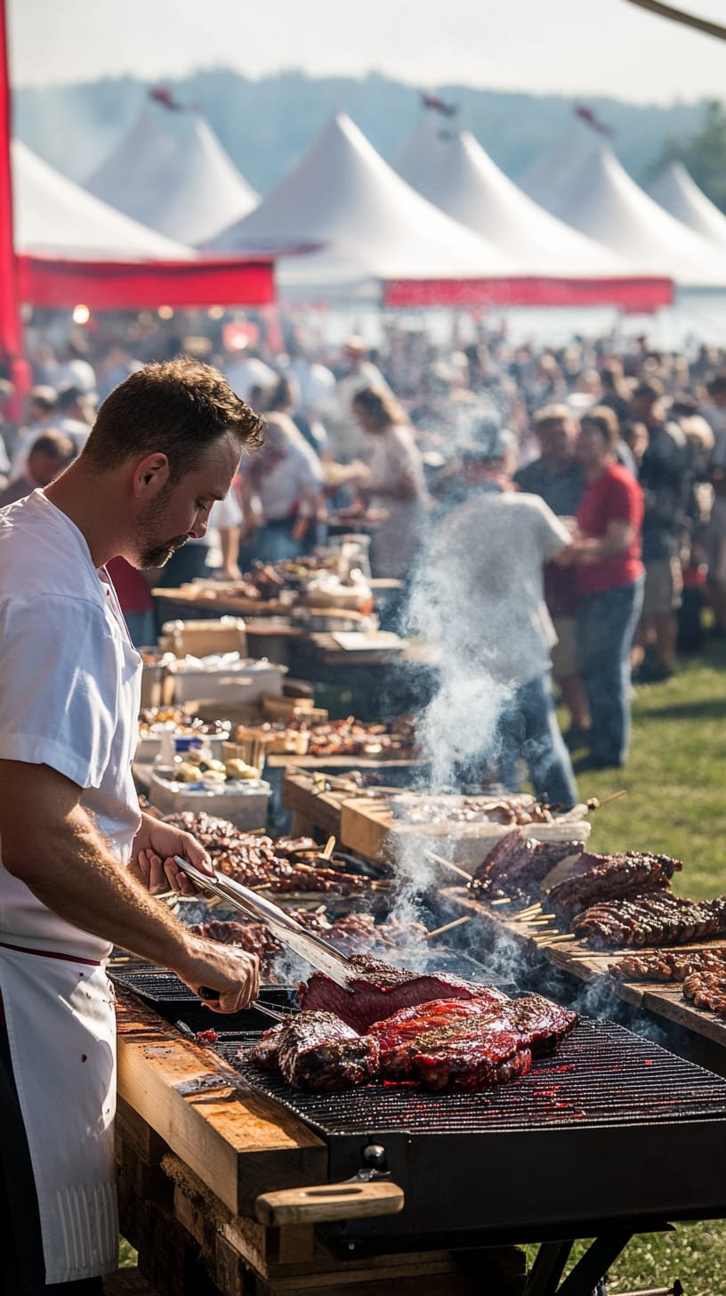 A serene forest landscape at sunset, with vibrant orange and purple skies reflecting on a tranquil lake surrounded by lush greenery.