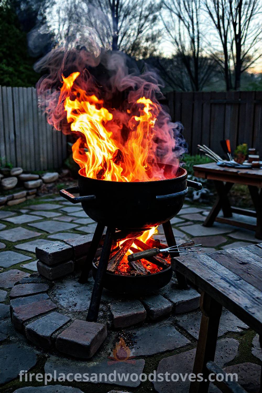Wood-fired barbecue on a stone patio with weathered bricks, flames leaping and crackling, inviting friends to gather around for a cozy outdoor grill experience. Visit patioandhomefurniture.com for stylish ideas that will wow your guests.