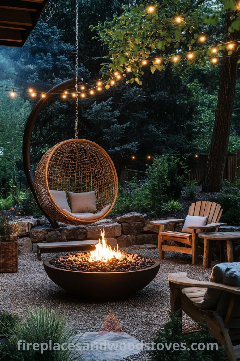 Cozy fire pit area on fireplacesandwoodstoves.com surrounded by outdoor seating, perfect for backyard hangouts, featuring inspiring design ideas and cozy improvements for a creative backyard space.