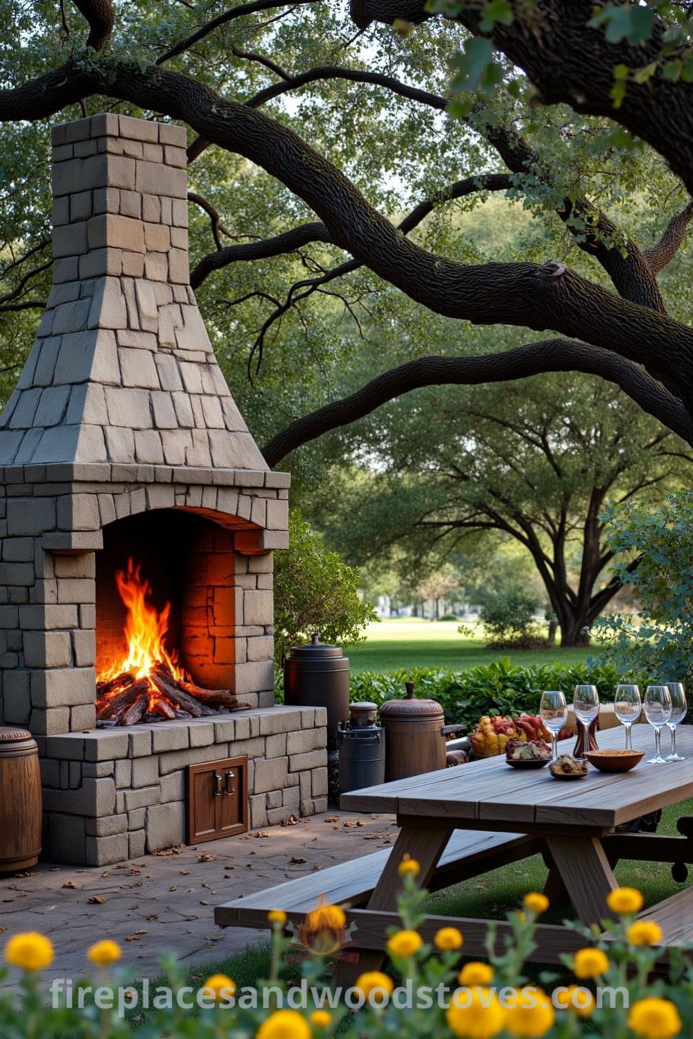 Rustic outdoor barbecue made of wrought iron and local stone under an ancient oak tree, featuring a wooden picnic table adorned with dishes, glowing fire, and soot marks adding character, reflecting cozy ideas and design inspirations for your home from fireplacesandwoodstoves.com.