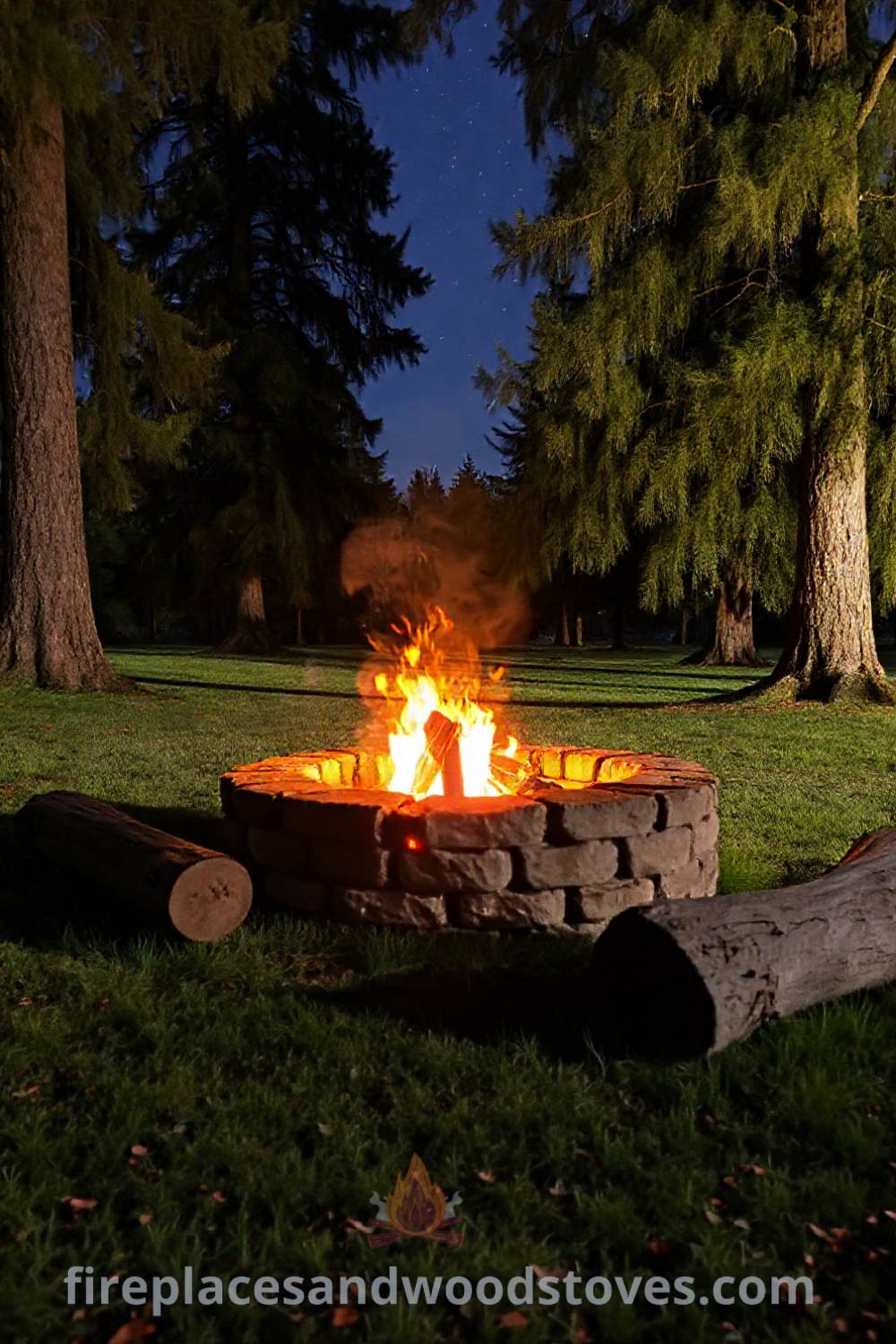 Rustic stone fire pit in a grassy clearing surrounded by trees, with warm flames casting a glow, inviting seating with weathered logs, creating a cozy outdoor atmosphere perfect for gatherings. Visit patioandhomefurniture.com for incredible ideas that will wow your guests.