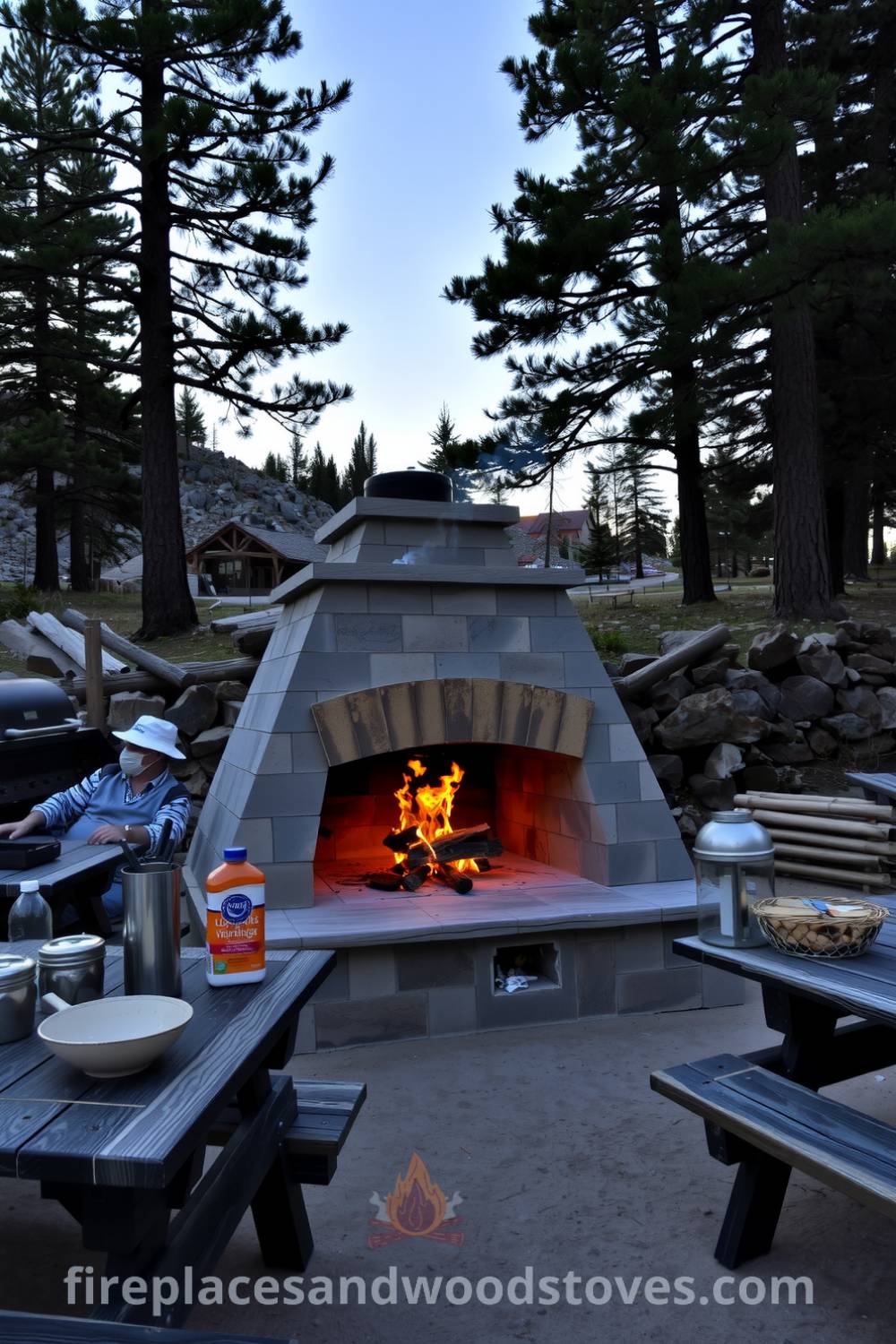 Outdoor barbecue area featuring a cozy stone hearth, surrounded by tall pines and rocky mountain terrain, with flames dancing and smoke rising into the sky, complemented by weathered wooden picnic tables, creating a cozy ambiance perfect for gatherings. Visit fireplacesandwoodstoves.com for more cozy ideas and decor inspirations.