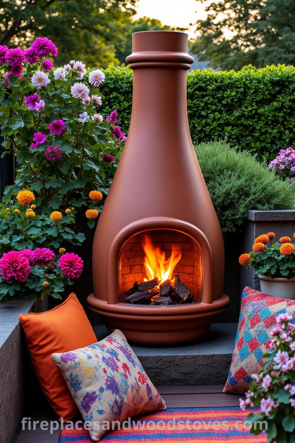 Cozy outdoor chiminea fireplace nestled among vibrant garden plants with a warm fire, colorful throw pillows on a wooden deck, creating an inviting atmosphere ideal for gatherings as described on fireplacesandwoodstoves.com.