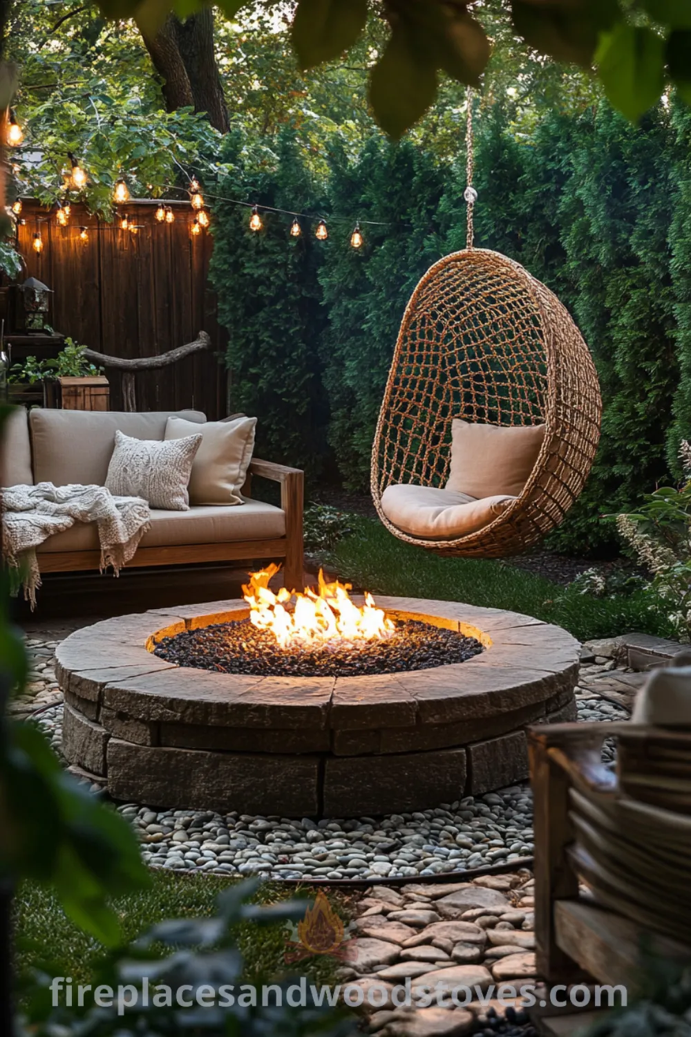 Cozy backyard fire pit area on fireplacesandwoodstoves.com, showcasing fire pit seating and outdoor decor inspirations for an inviting outdoor hangout area, perfect for relaxing evenings and backyard improvements.