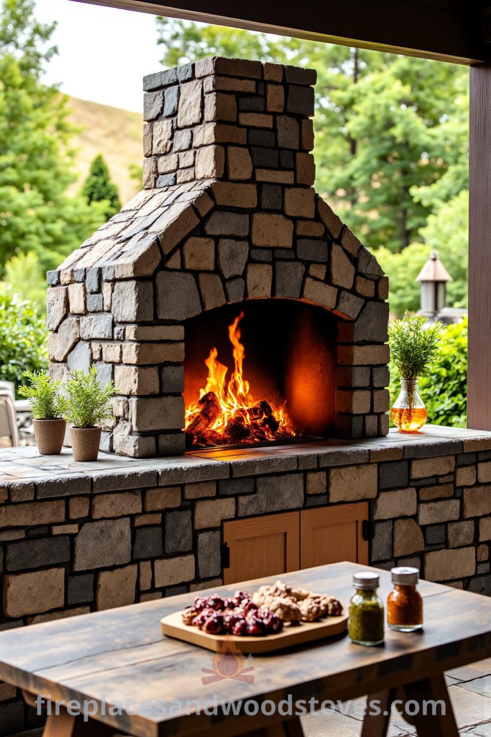 Rustic stone outdoor barbecue on a sunlit patio with dancing flames, surrounded by wooden furniture, spice jars, and reclaimed wood table, creating a cozy outdoor culinary haven. For more cozy ideas, visit fireplacesandwoodstoves.com.