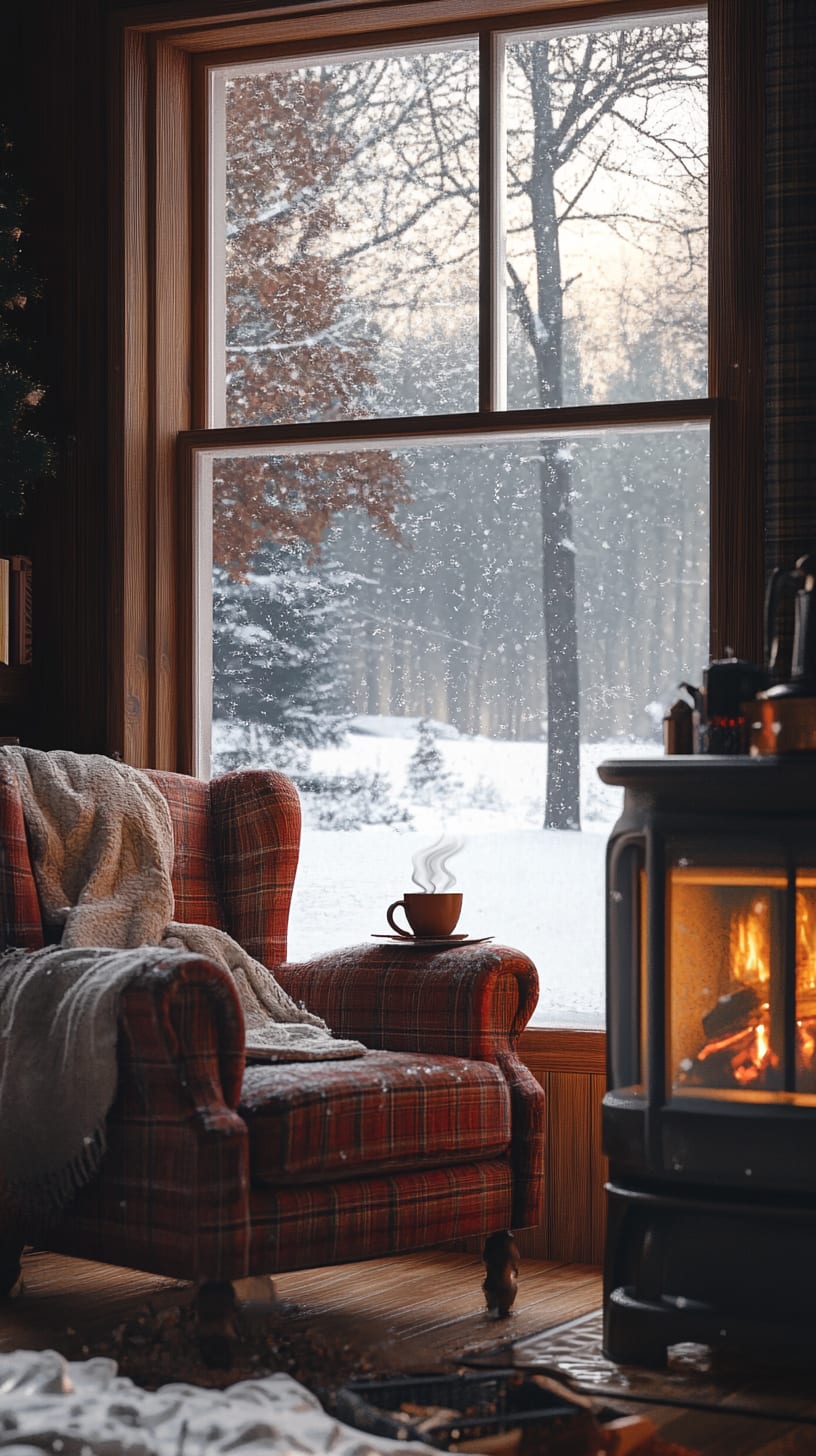 A cozy armchair by a window with snow falling outside, a warm fire in front, and a cup of coffee on a side table, evoking a serene winter atmosphere.