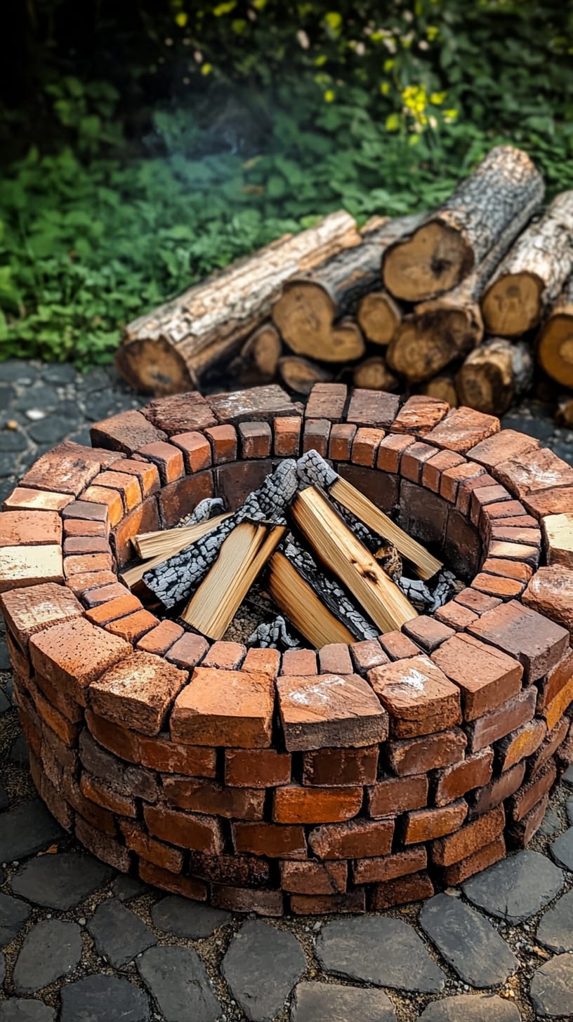 A red brick fire pit surrounded by stacked wood in a garden setting, with greenery and a cobblestone surface nearby.