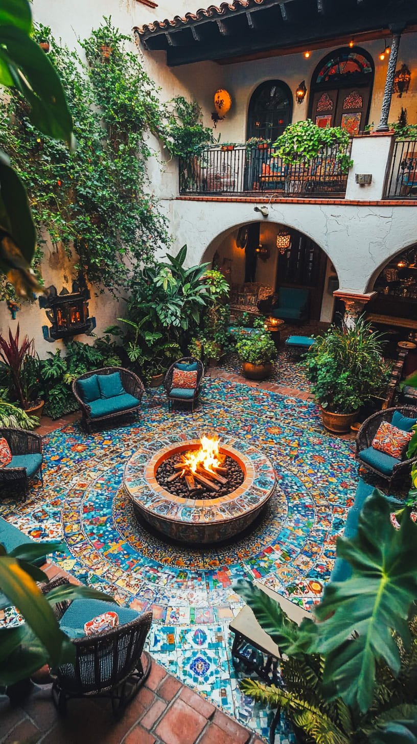 A cozy Spanish-style courtyard featuring colorful tiles, a fire pit in the center, surrounded by lush plants and comfortable seating areas.