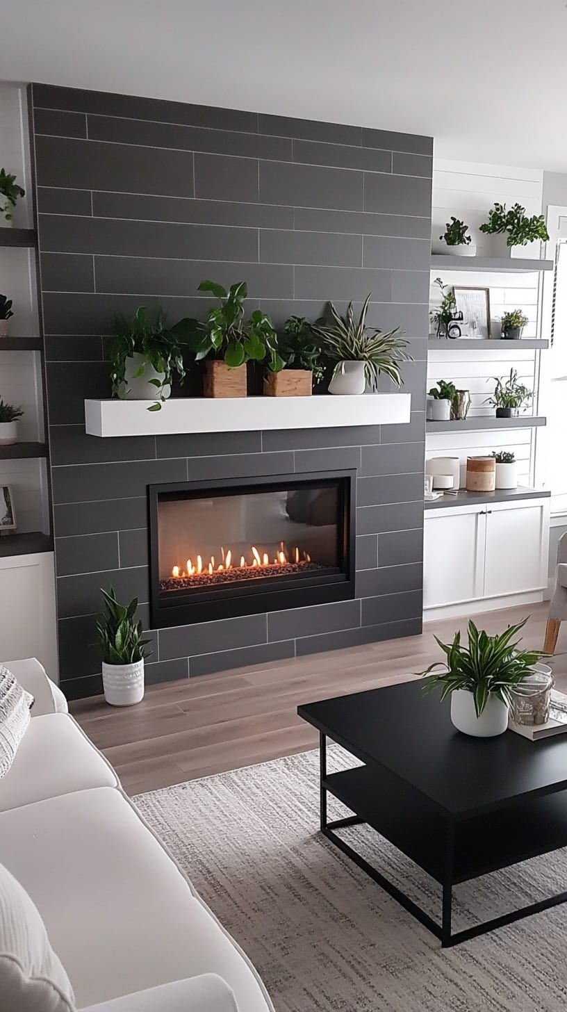 A modern living room featuring a white sofa, black coffee table, and a stylish grey tiled fireplace with plants on shelves above it, creating an open and inviting space.